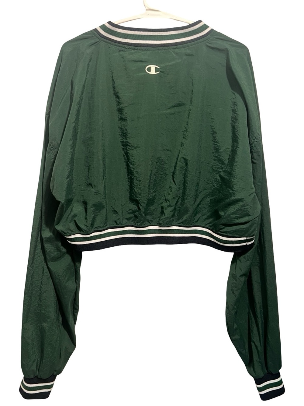 Vintage Champion Dark Green Cropped V-Neck Nylon Windbreaker White and Navy Trim - Picture 3 of 9